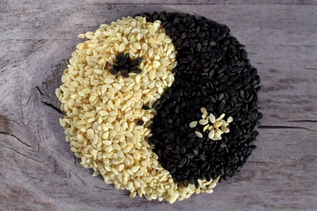 Yin-yang symbol made of sesame seeds.